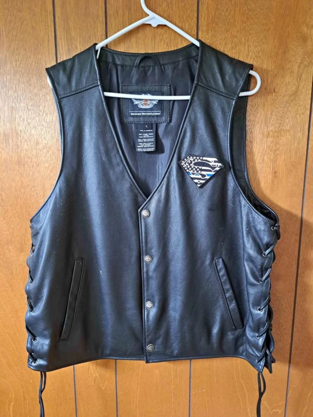 Harley-Davidson Black Leather Biker Vest with Flag Patch